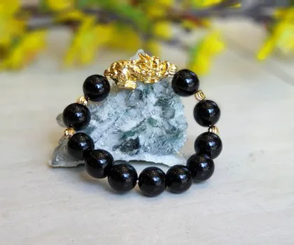 Chuỗi mã não đen có tỳ hưu crom vàng 14 li FS6817